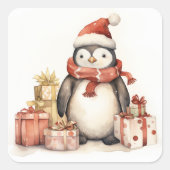 Pinguïn met vakantiegeschenken vierkante sticker (Voorkant)