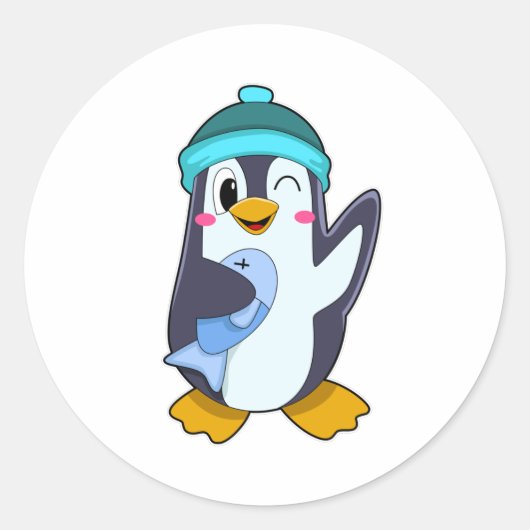 Pinguïn met vis en Pet Ronde Sticker (Voorkant)