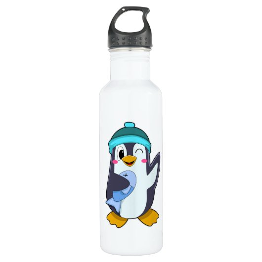 Pinguïn met vis en Pet Waterfles (Voorkant)