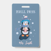 Pinguïn met warme chocomel winter blauwe hal pas b badge (Voorzijde)