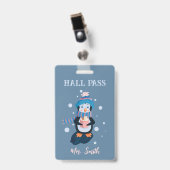 Pinguïn met warme chocomel winter blauwe hal pas b badge (Voorzijde met clip)