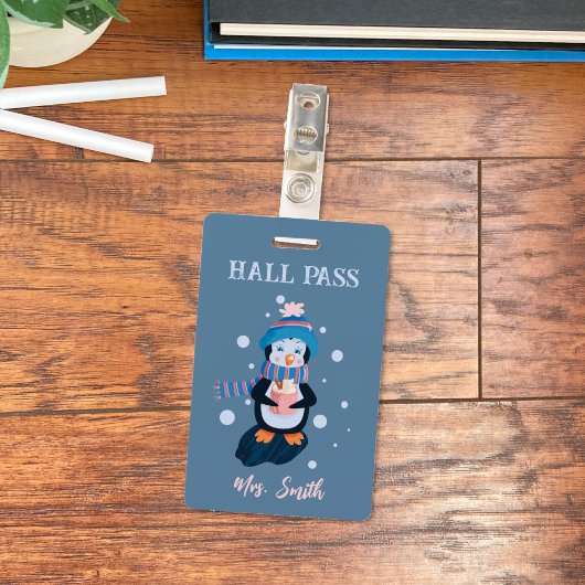 Pinguïn met warme chocomel winter blauwe hal pas b badge