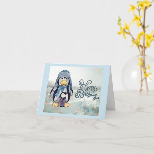 Pinguin mit Kind Kaart (Gele Bloem)