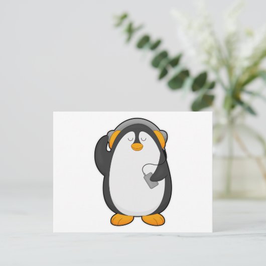 Pinguïn & mobiele telefoon met headset briefkaart (Staand voorkant)