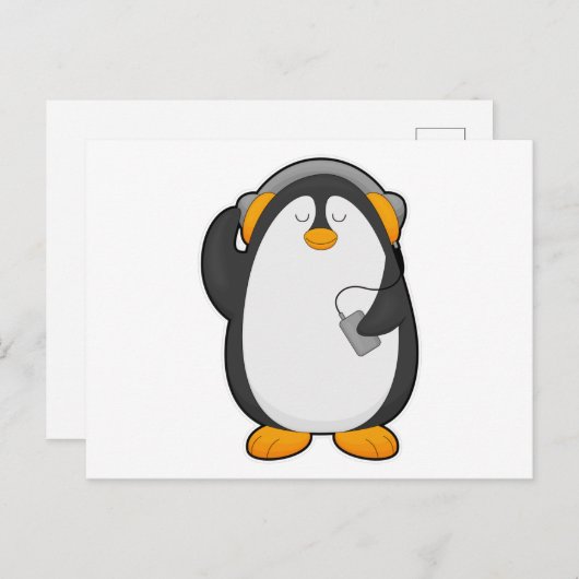 Pinguïn & mobiele telefoon met headset briefkaart (Voorkant / Achterkant)