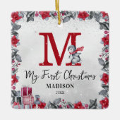 Pinguïn Monogram Baby Stats Eerste Kerstmis Keramisch Ornament (Voorkant)