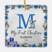 Pinguïn Monogram Baby Stats Eerste Kerstmis Keramisch Ornament (Voorkant)