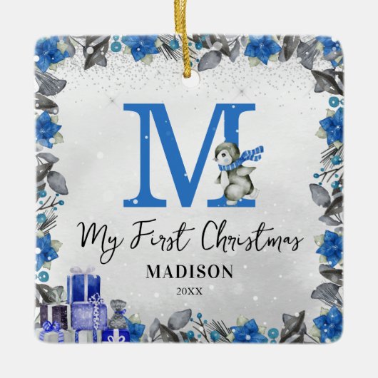 Pinguïn Monogram Baby Stats Eerste Kerstmis Keramisch Ornament (Voorkant)