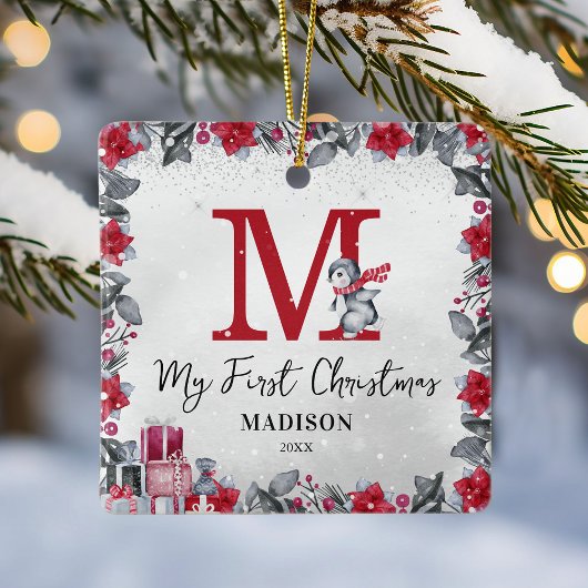 Pinguïn Monogram Baby Stats Eerste Kerstmis Keramisch Ornament