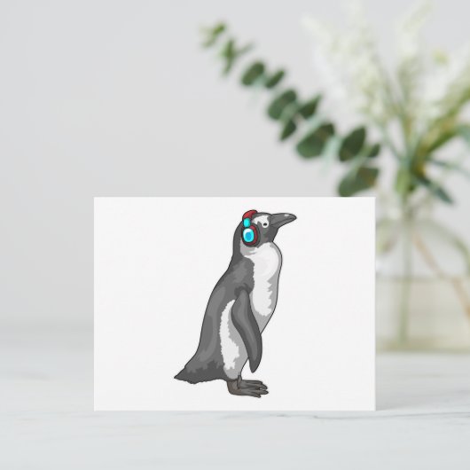 Pinguïn Muziek Hoofdtelefoon Briefkaart (Staand voorkant)