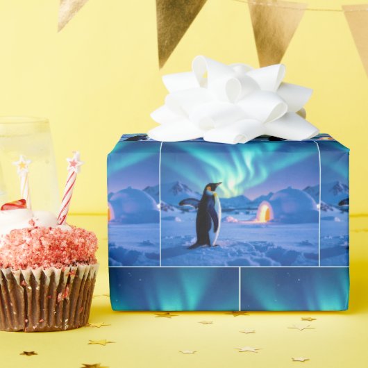 Pinguïn onder het noorderlicht cadeaupapier (Verjaardagsfeest)