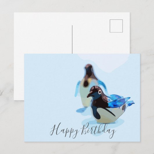 Pinguïn op blauwe achtergrond water kleur verjaard briefkaart (Voorkant / Achterkant)