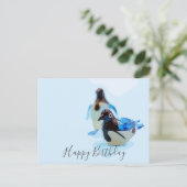 Pinguïn op blauwe achtergrond waterkleur verjaarda briefkaart (Staand voorkant)