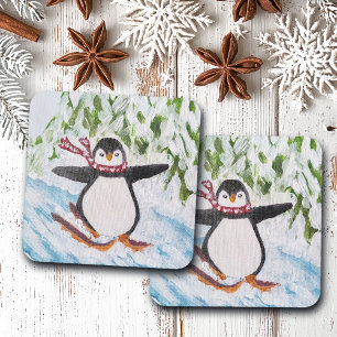 Pinguïn op skipiste bier onderzetter