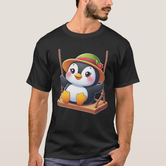 Pinguïn op Swing Speeltuin Swinging Fun T-shirt (Voorkant)