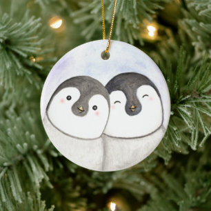 Pinguïn paar eerste kerst samen op maat keramisch ornament