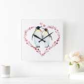 Pinguïn Paar in liefde hart krans Vierkante Klok (Huis)
