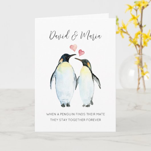 Pinguïn Paar Love You Forever Jubileum Kaart (Gele Bloem)