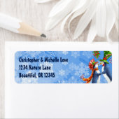 Pinguïn paar, maretak, sneeuwvlokken adres etiket (Insitu)