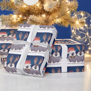 Pinguïn Paar Schattige Kerstman en rendieren Cadeaupapier