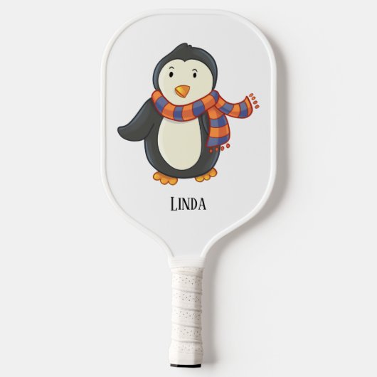 Pinguïn Paarse Oranje Gestreepte Wintersjaal Naam Pickleball Paddle (Achterkant)
