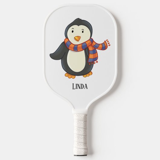 Pinguïn Paarse Oranje Gestreepte Wintersjaal Naam Pickleball Paddle (Voorkant)