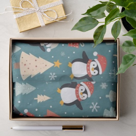 Pinguïn Patroon Groen Kerst Tissue Papier (Geschenk)