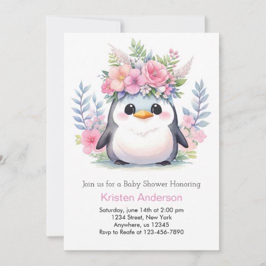 Pinguïn Prinses Feest: Meisje Baby Shower Kaart (Voorkant)