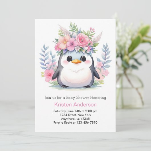 Pinguïn Prinses Feest: Meisje Baby Shower Kaart (Staand voorkant)