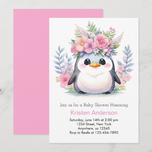 Pinguïn Prinses Feest: Meisje Baby Shower Kaart (Voorkant / Achterkant)