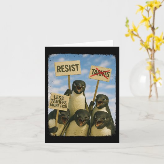 Pinguïn Protest Tegen Tarrifs March Activism Fun Kaart (Gele Bloem)