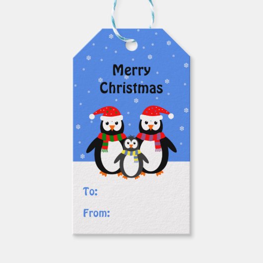 Pinguïn reddbare tekst blauwe kerst cadeaulabel (Voorkant)