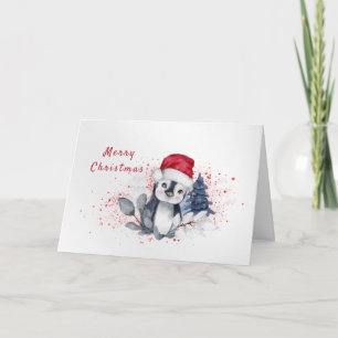 Pinguïn Rode Kerstman Hoed Waterverf Kerstmis Feestdagen Kaart