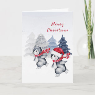 Pinguïn Rood Schaatsen Bomen Aquarel Kerstmis Feestdagen Kaart