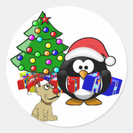 Pinguïn Santa en rendierhond Ronde Sticker