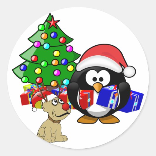 Pinguïn Santa en rendierhond Ronde Sticker (Voorkant)