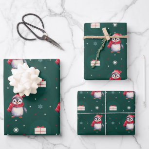 Pinguïn Santa Green Happy Merry Kerstmis patroon Inpakpapier Vel