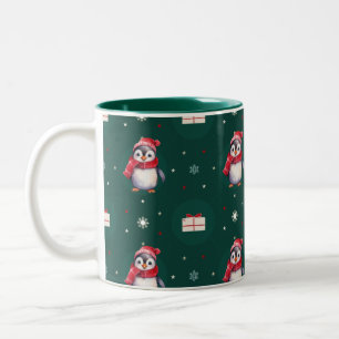 Pinguïn Santa Green Happy Merry Kerstmis patroon Tweekleurige Koffiemok