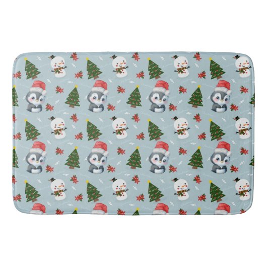 Pinguïn Santa Happy Merry Kerstmis boom patroon Badmat (Voorkant)