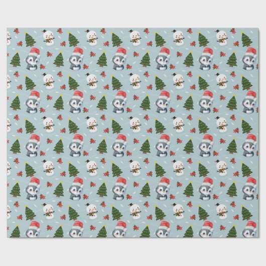 Pinguïn Santa Happy Merry Kerstmis boom patroon Cadeaupapier (Vlak)