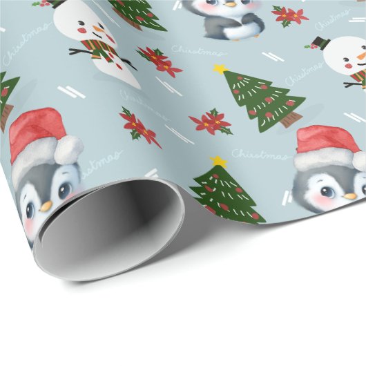 Pinguïn Santa Happy Merry Kerstmis boom patroon Cadeaupapier (Rol Hoek)