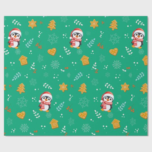 Pinguïn Santa Happy Merry Kerstmis boom patroon Cadeaupapier (Vlak)