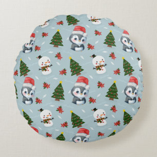 Pinguïn Santa Happy Merry Kerstmis boom patroon Rond Kussen