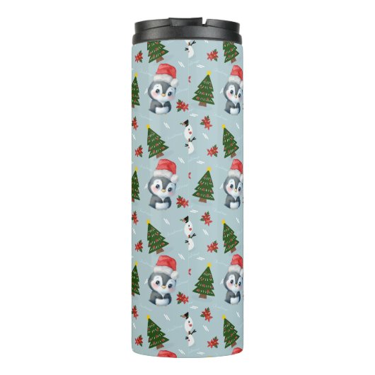 Pinguïn Santa Happy Merry Kerstmis boom patroon Thermosbeker (Achterkant)