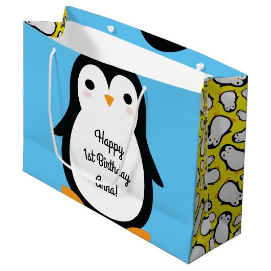 Pinguïn Schattige Winter 1e Verjaardagsgeschenktas Groot Cadeauzakje (Voorkant Gekanteld)