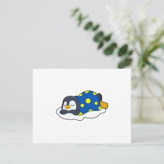Pinguïn slaapt met deken briefkaart (Staand voorkant)