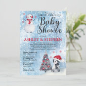 Pinguïn Sneeuwman Winter Drive Thru Jongens Baby S Kaart (Staand voorkant)