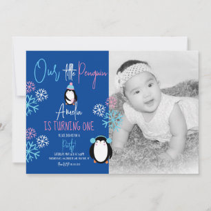Pinguïn Sneeuwvlokken Roze Blauw 1e Verjaardag Fot Kaart