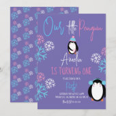 Pinguïn Sneeuwvlokken Roze Blauw 1e Verjaardag Paa Kaart (Voorkant / Achterkant)