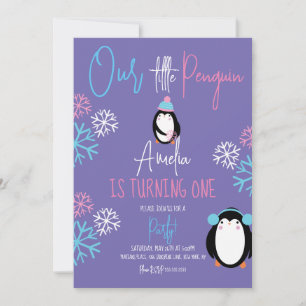 Pinguïn Sneeuwvlokken Roze Blauw 1e Verjaardag Vio Kaart